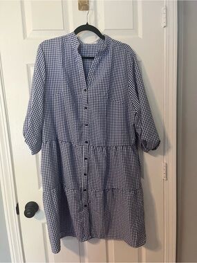 CCTOO Blue Print Button Front V-Neck Dress 3/4 Sleeve XXL